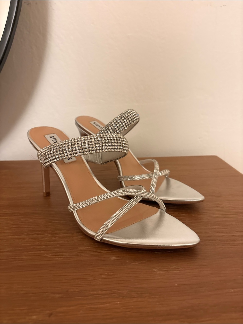Steve Madden Camina Silver Rhinestone Strappy Heeled Sandals